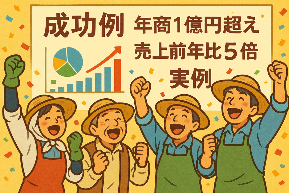 農家ホームページの成功例(年商1億円超え・売上前年比5倍)を実績データで表現した図解イラスト