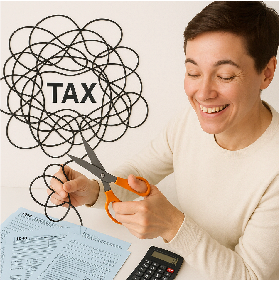 複雑に絡み合った税金の糸をハサミで解きほぐす人物と、青い申告書や電卓のアイコンを描いた税務対策イラスト