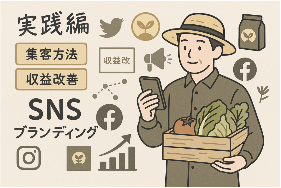 農家の収益改善と集客方法(SNS・ブランディング)による売上アップ実践を表現した図解イラスト