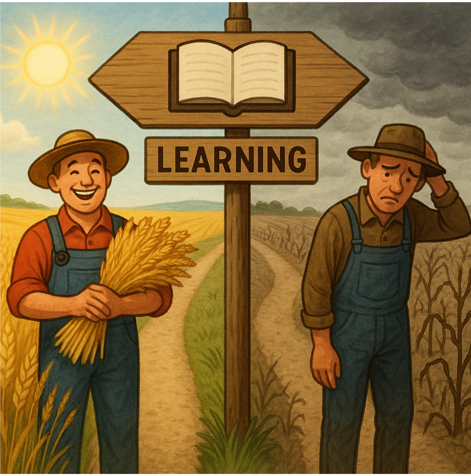 成功の道と失敗の道が描かれた分かれ道で、成功には笑顔の農家と豊作、失敗には落胆する農家と枯れた作物を表現した学習テーマのイラスト