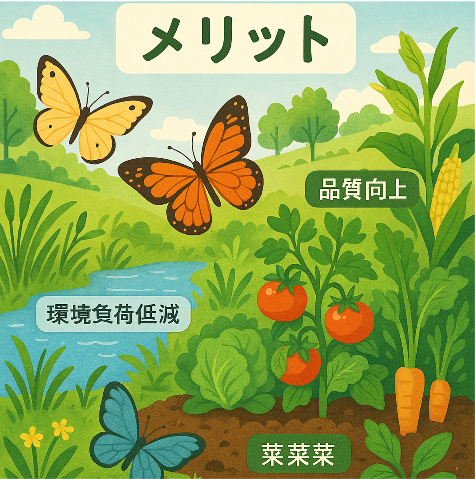 有機農業のメリット(生物多様性、環境負荷低減、品質向上)を表現した図解イラスト