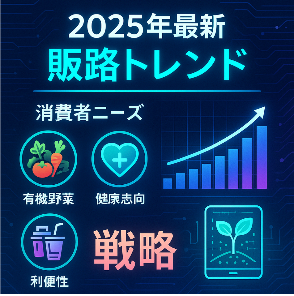 2025年最新の農業販路トレンドと消費者ニーズ変化への対応戦略を表現した図解イラスト