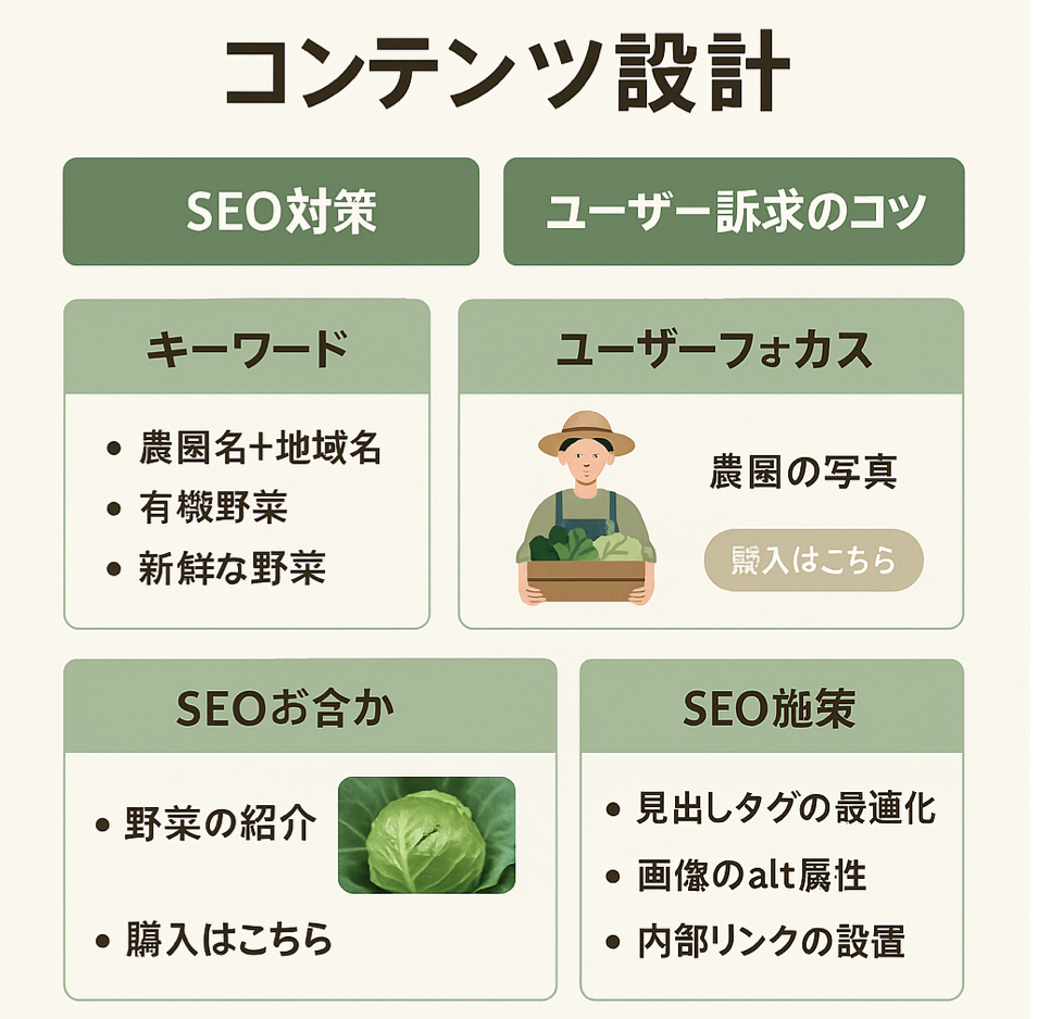 農家ホームページのコンテンツ設計(SEO対策・ユーザー訴求のコツ)を表現した図解イラスト