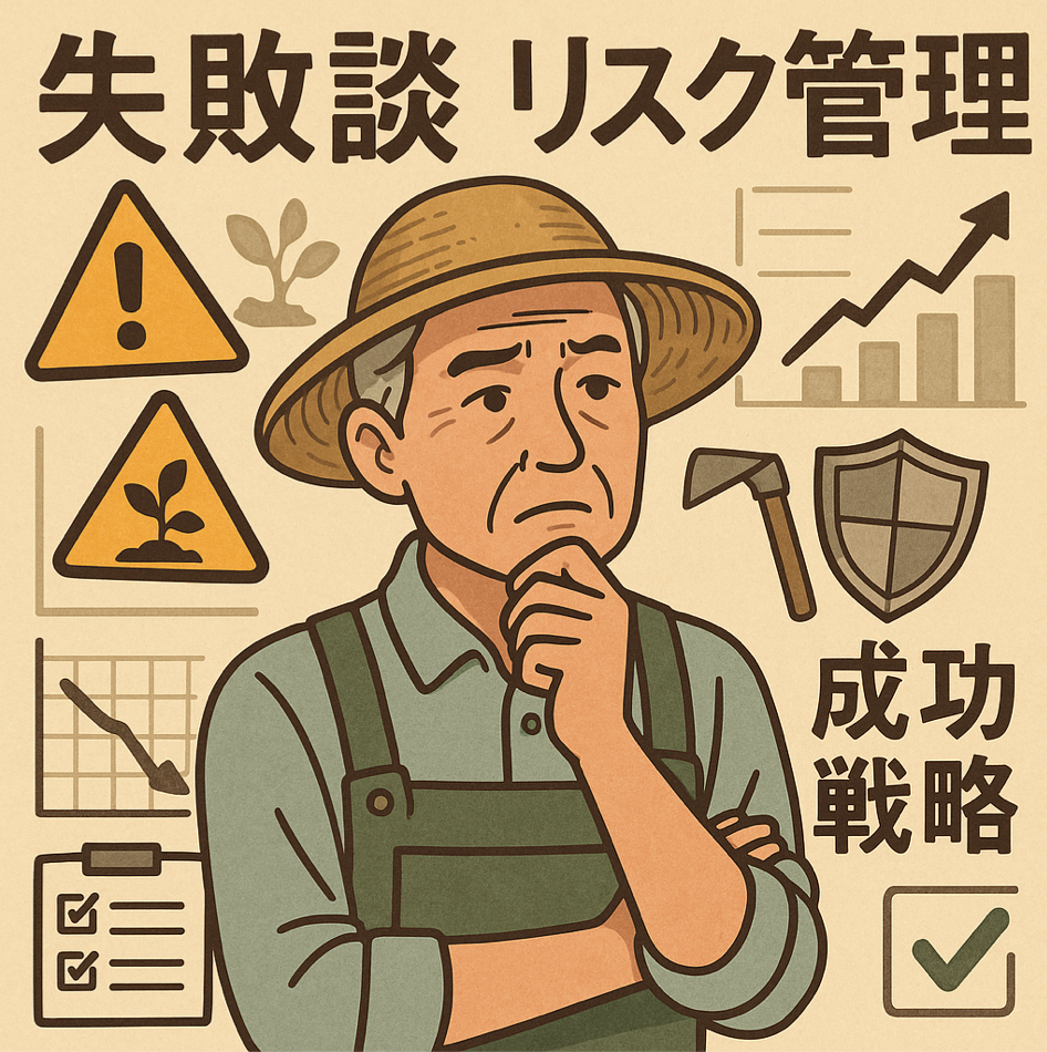 農業の失敗談から学ぶリスクマネジメントと成功戦略を表現した図解イラスト