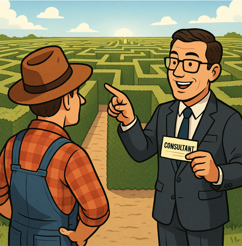 迷路の中で困っている農家を、メガネをかけた専門家が出口へ導く様子を描いた相談サポートのイラスト