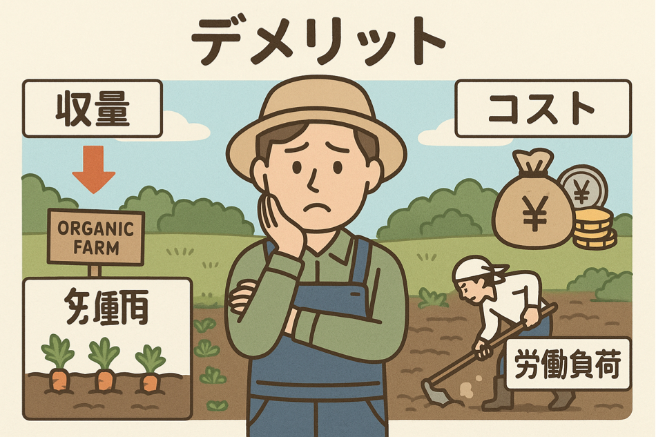 有機農業のデメリット(収量減少、コスト増、労働負荷増)と課題を表現した図解イラスト