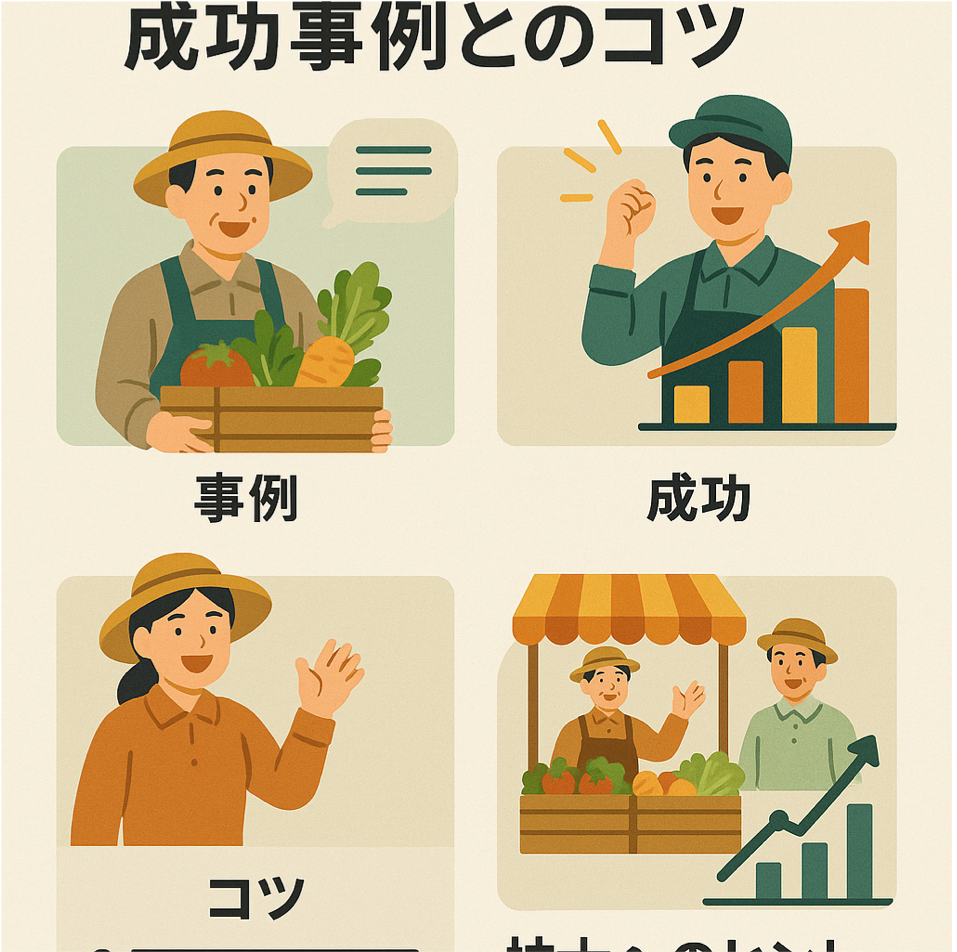 農家の販路開拓成功事例とコツ・拡大ヒントを表現した図解イラスト
