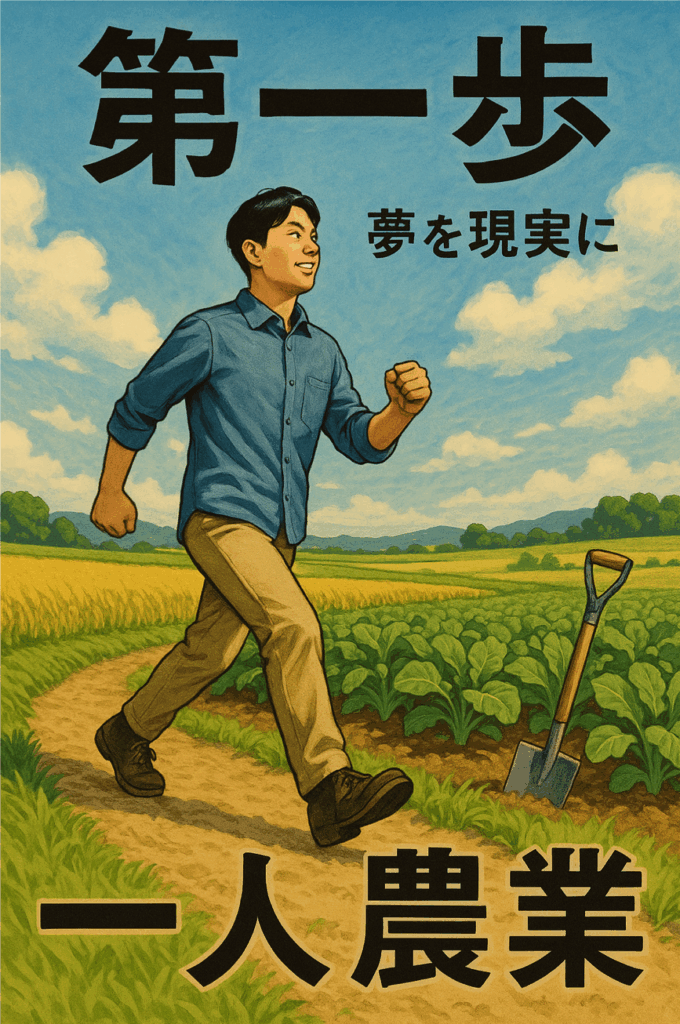 一人農業の夢を現実にする第一歩を踏み出すことを表現した図解イラスト