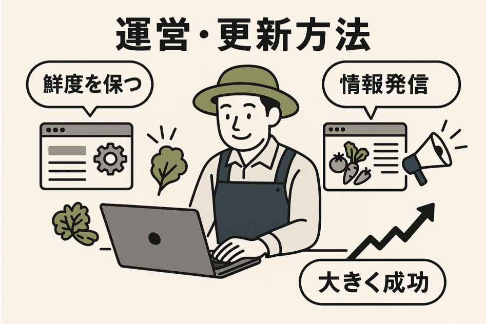農家ホームページの運営・更新方法と鮮度を保つ情報発信による成功を表現した図解イラスト