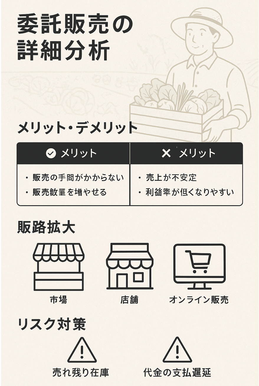 委託販売のメリット・デメリットを詳細に分析し、販路拡大とリスク対策を表現した図解イラスト