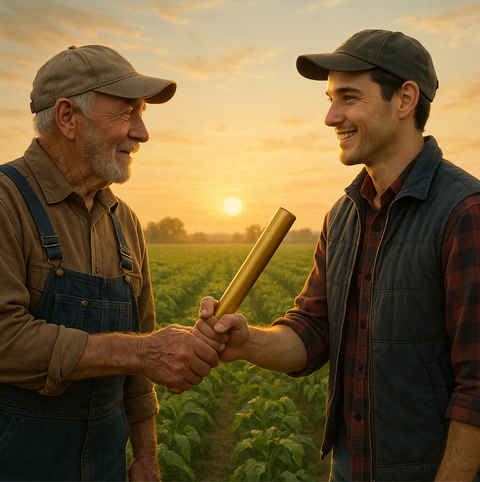 ベテラン農家から若い新規就農者へ農業のバトンが渡される事業承継と希望に満ちた未来を表現したイラスト