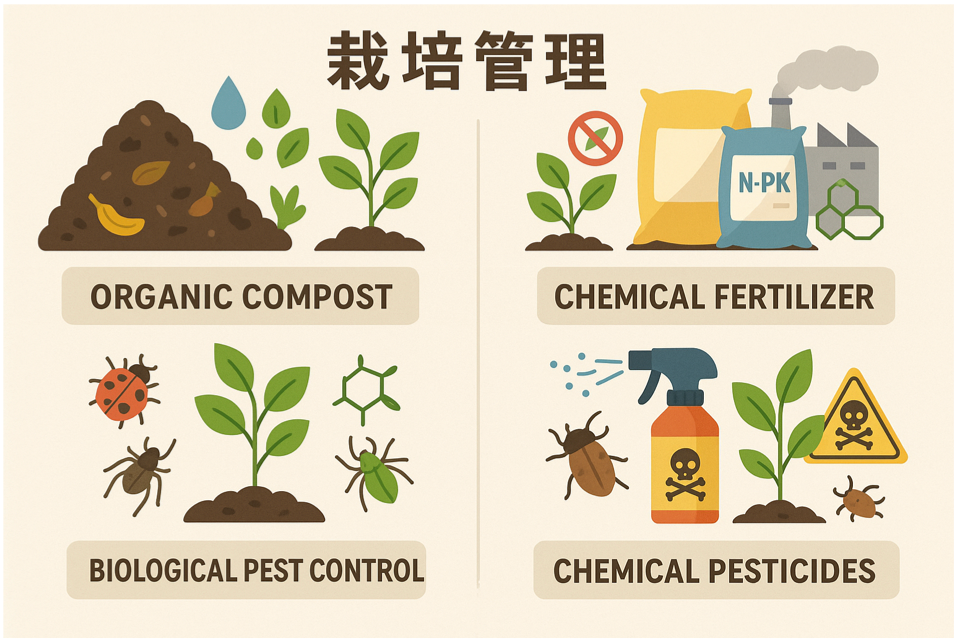 有機農業と慣行農業の栽培管理方法(施肥、病害虫対策、雑草管理)の違いを表現した図解イラスト
