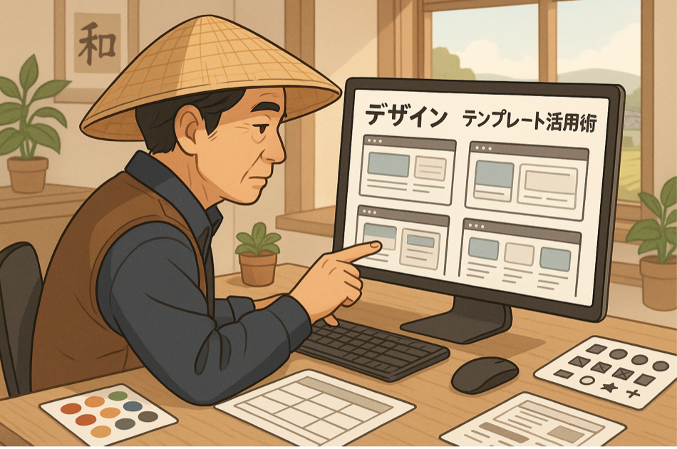 農家ホームページのデザインとテンプレート活用術を表現した図解イラスト