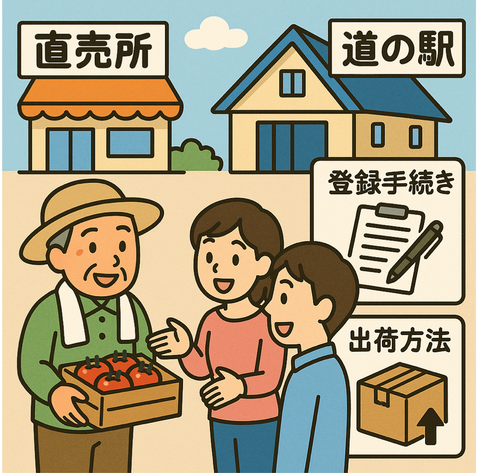 直売所・道の駅への出荷方法と登録手続きを表現した図解イラスト