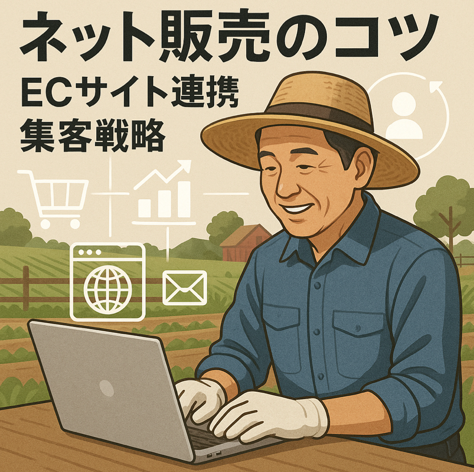 農家ホームページによるネット販売のコツ(ECサイト連携・集客戦略)を表現した図解イラスト