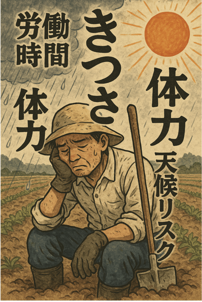 一人農業の作業のきつさ（労働時間・体力・天候リスク）を表現した図解イラスト