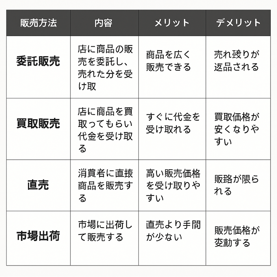 委託販売と買取販売・直売・市場出荷の各販売方法を比較検討した図解イラスト