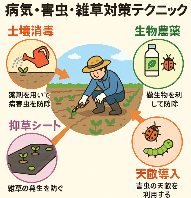 トラブル対応の病気・害虫・雑草対策テクニックを表現した図解イラスト