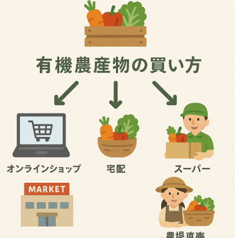 有機農産物の購入方法を示すガイド図