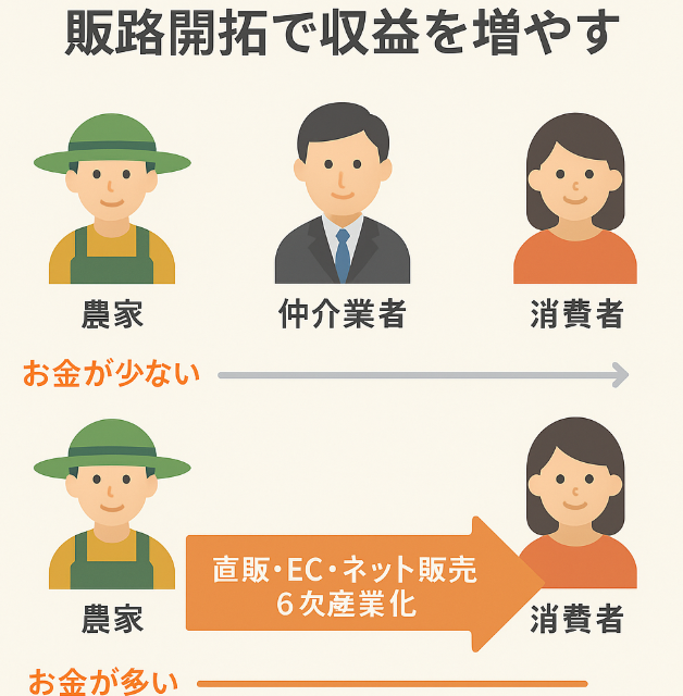 従来流通と直販による収益構造の違いを示す図解