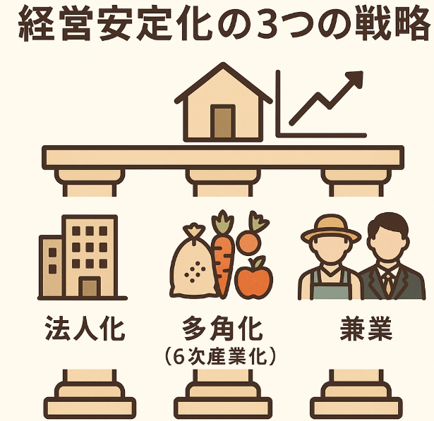 法人化・多角化・兼業による経営安定化戦略を示す図解