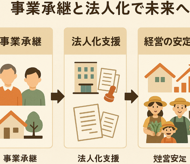 事業承継と法人化による経営安定化を示す図解