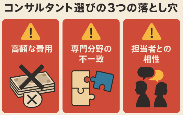 コンサルタント選びで陥りやすい3つのリスクを示す図解