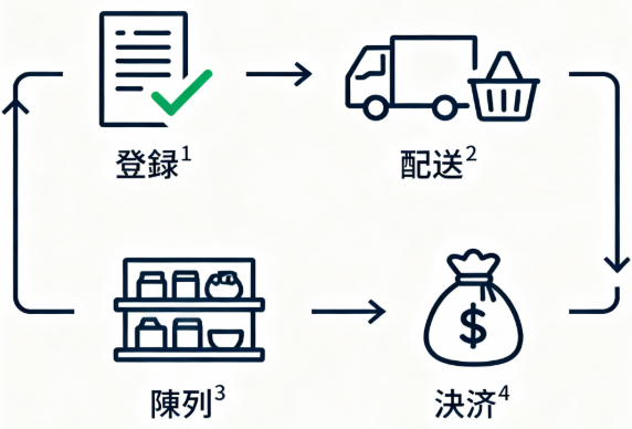 道の駅納品の全体フロー(出荷者登録から精算まで)を示す図解