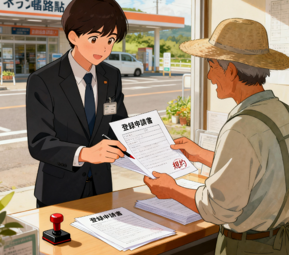 道の駅への出荷者登録申請と資格審査のプロセスを示すイラスト