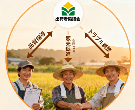 出荷者協議会が担う品質指導、販売促進、トラブル調整の役割図