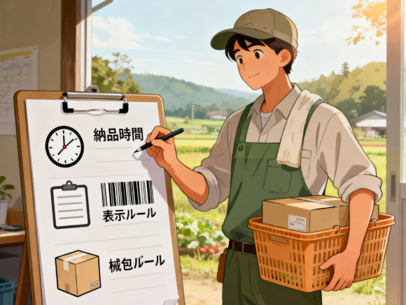 道の駅納品時の手順(時間、梱包、表示)を確認するチェックリスト図解