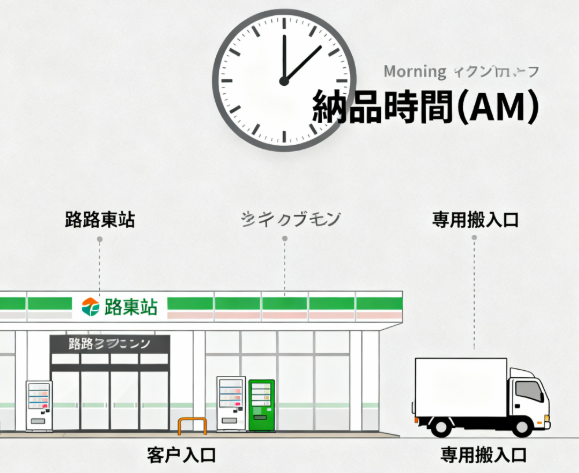 道の駅の納品時間帯(主に午前中)と専用搬入口を示すイラスト