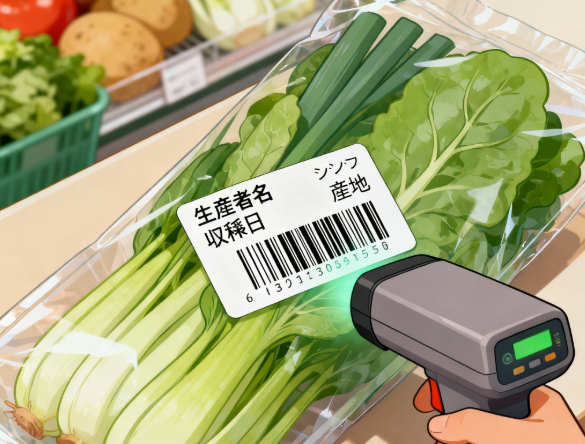 農産物へのバーコード貼付と、必要な表示ルールを説明するイラスト