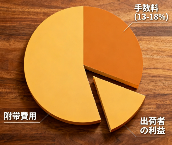 道の駅の売上から手数料や費用が引かれ、純利益が計算される収益構造図