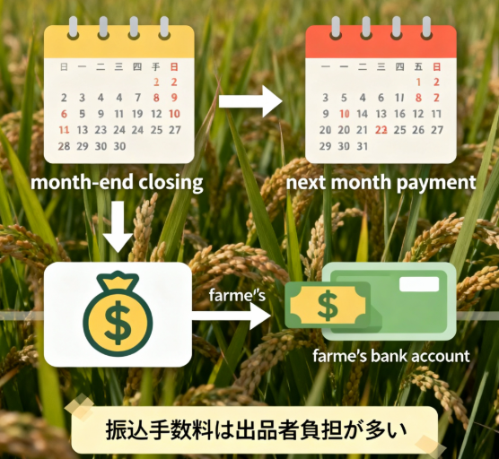道の駅の売上精算サイクル(月末締め翌月払いなど)と振込手数料の図解