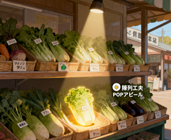 道の駅の激しい競争の中で、陳列やPOPの工夫で商品を際立たせるイラスト