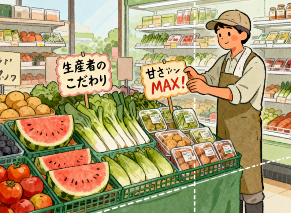 お客様の目線に合わせた陳列と、手書きPOPによる集客力アップの図解