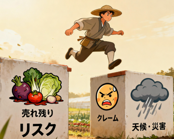道の駅納品における売れ残り、クレーム、天候といった主要なリスクを示すイラスト