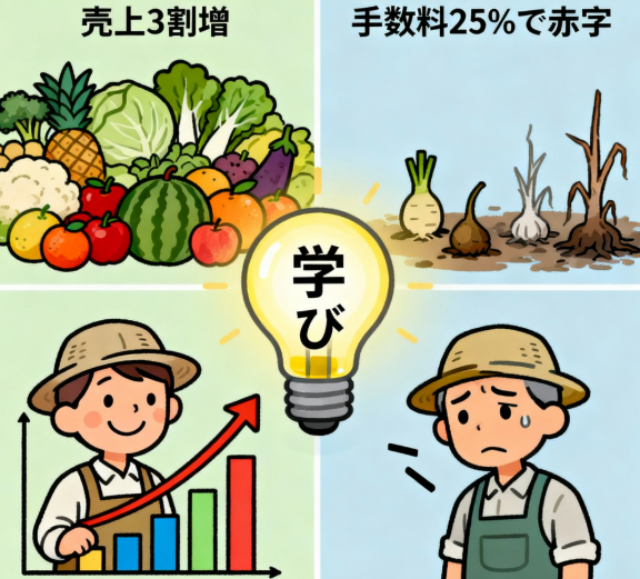 道の駅納品における成功事例と失敗談を比較し、教訓を示すイラスト