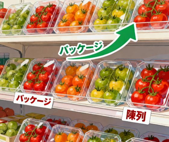 透明パックでの陳列など、パッケージと陳列の工夫で売上が増える成功事例のイラスト