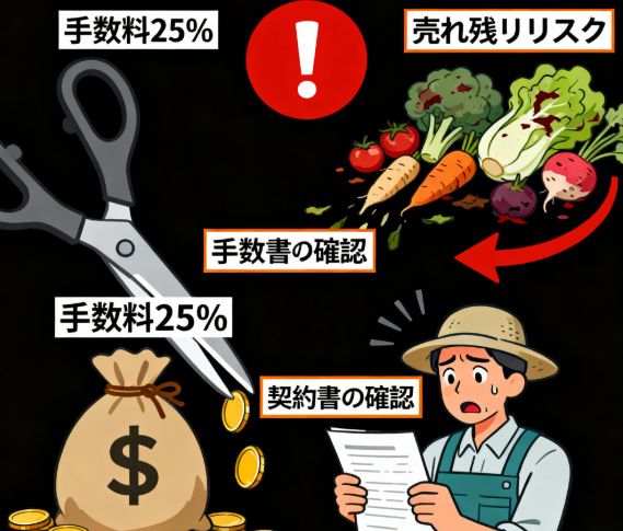 高い手数料と売れ残りリスクによって利益を失う失敗談と対策のイラスト