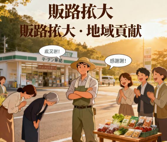 道の駅納品を成功させ、販路拡大と地域貢献を実現した農家さんのイラスト