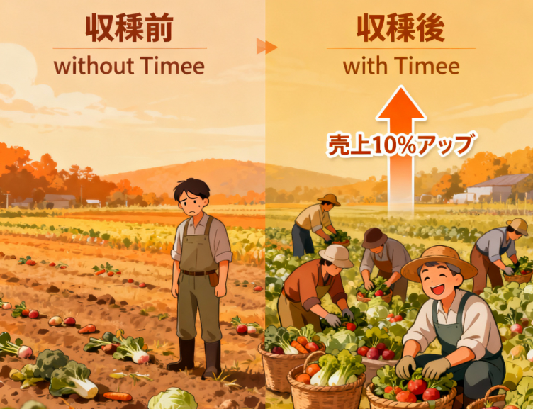繁忙期にタイミーを活用して収穫量を10%アップさせた成功事例のイラスト