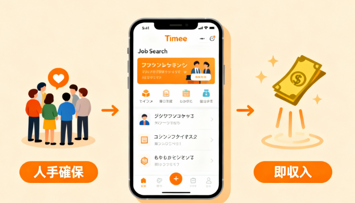 タイミーで農業求人を探すメリット（人手確保・即収入）とアプリ画面の図