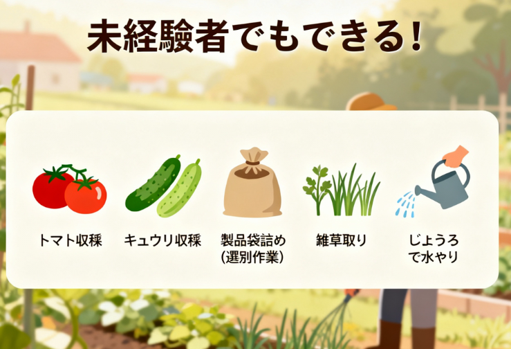 タイミーで募集される未経験者でも可能な農作業（収穫、選果、草むしり）のアイコン一覧