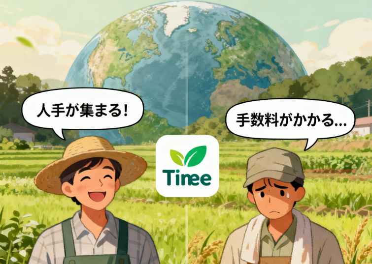 農家がタイミーを導入する際のメリット（人手確保）とデメリット（手数料）を示すイラスト