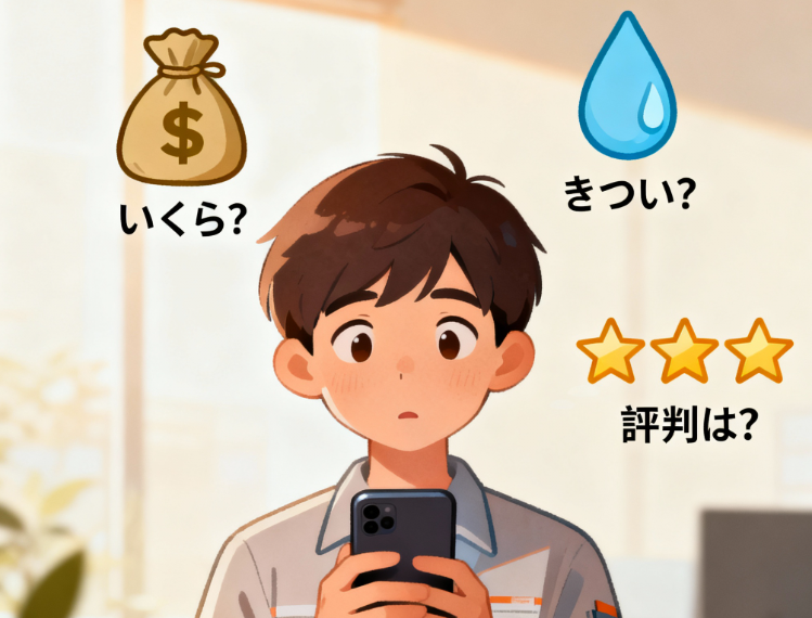 タイミー農業バイトの給料・きつさ・評判に関するワーカーの疑問を示すイラスト