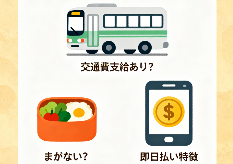 農業バイトの交通費、食事補助、即日払いの有無を示すアイコン図解
