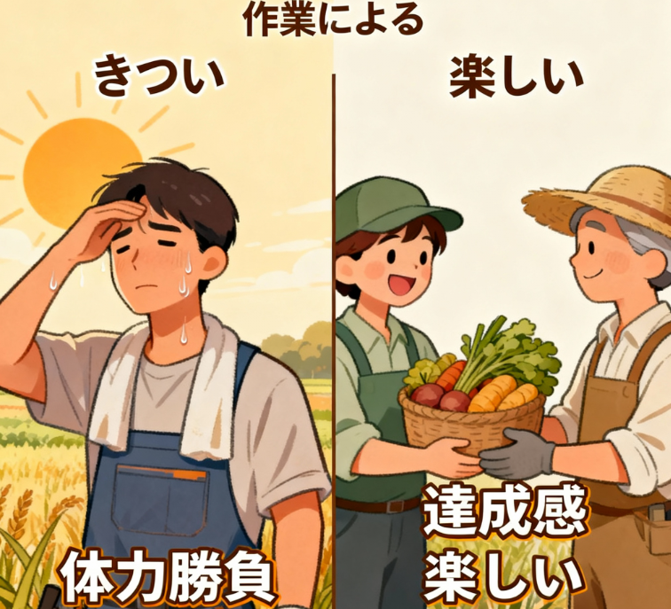 タイミー農業バイトの「きつい」側面と「楽しい」側面を対比したイラスト