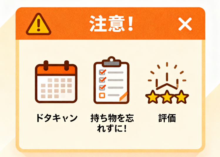 タイミー農業バイトの注意点（ドタキャン、持ち物、評価）を示す警告イラスト